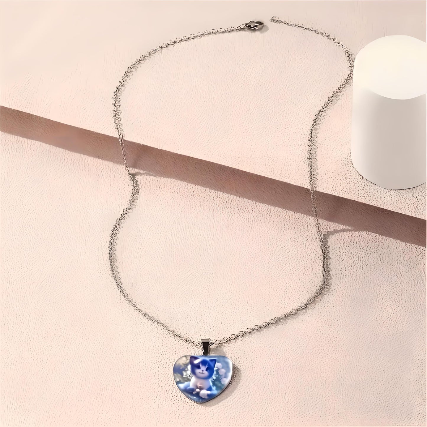 Heart-Shaped Cat Pendant Necklace with Floral Design, 19 inch Chain - Stainless Steel with Glass Pendant - Christmas, Holiday, or Birthday Gift
