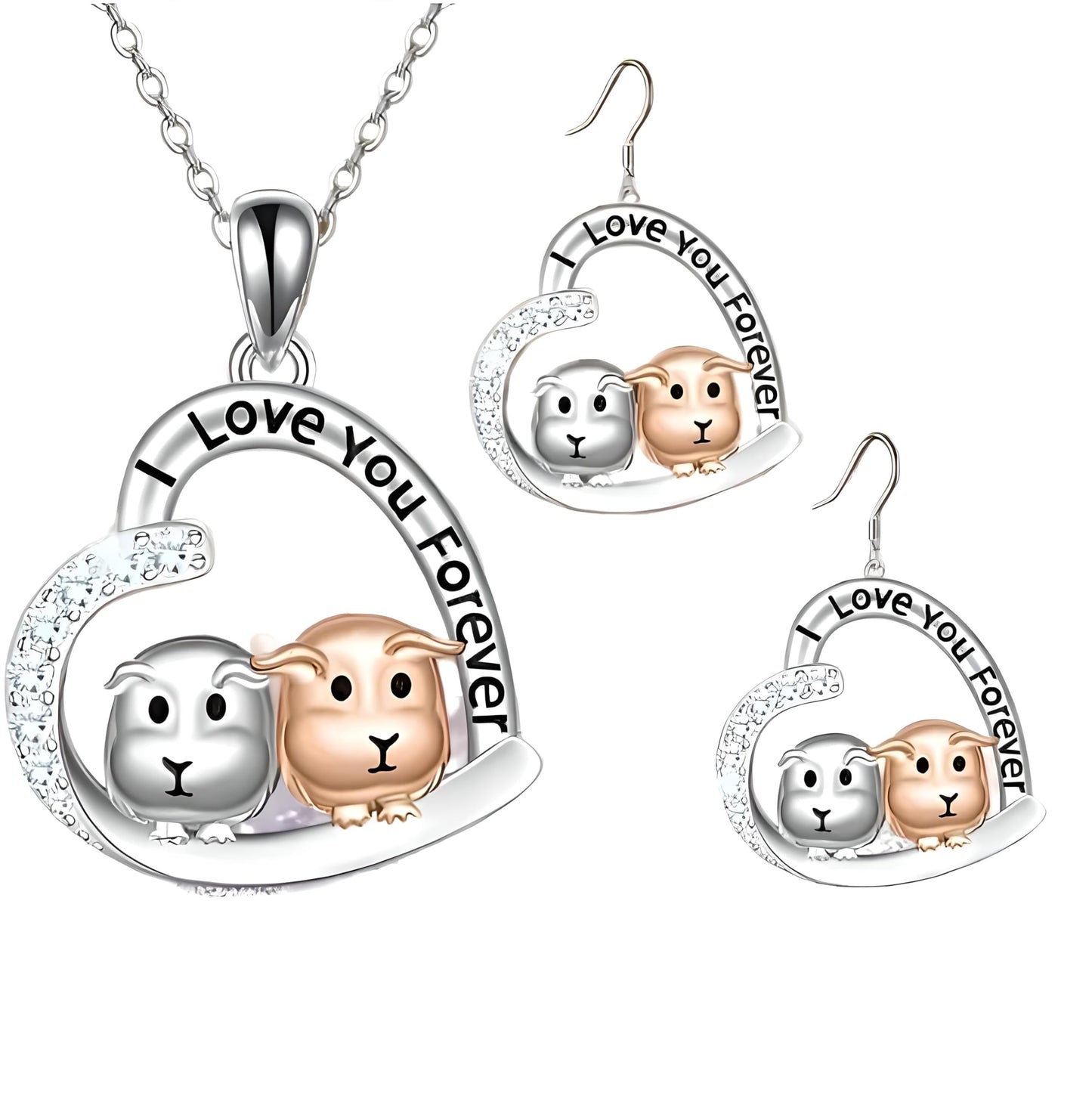 Love You Forever Guinea Pig Heart Necklace, Sterling Silver with Crystals - Christmas, Party, and Birthday Gift
