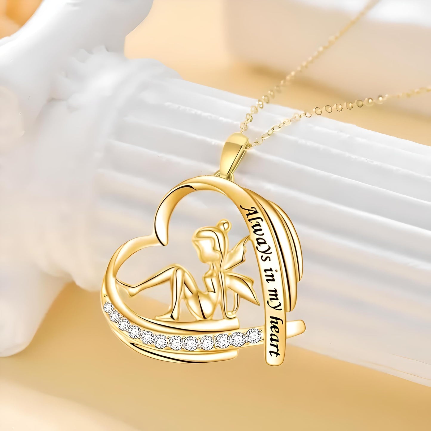 Gold Fairy Heart Shaped Necklace, Women's Fashion Jewelry Gift- 'Always in my heart'
