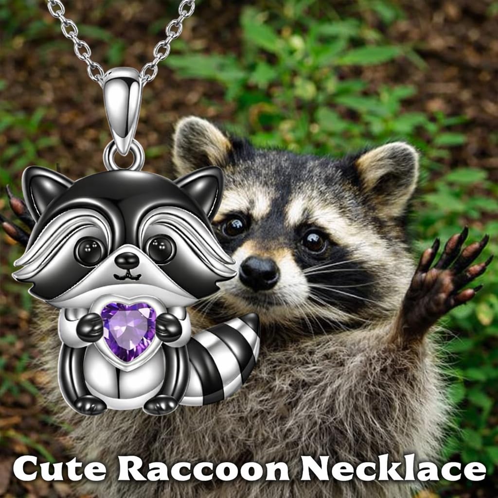 SUPAC Smiling Raccoon Necklace, Holding a Blue Heart, Silver and Black - Racoon Jewerly Gift