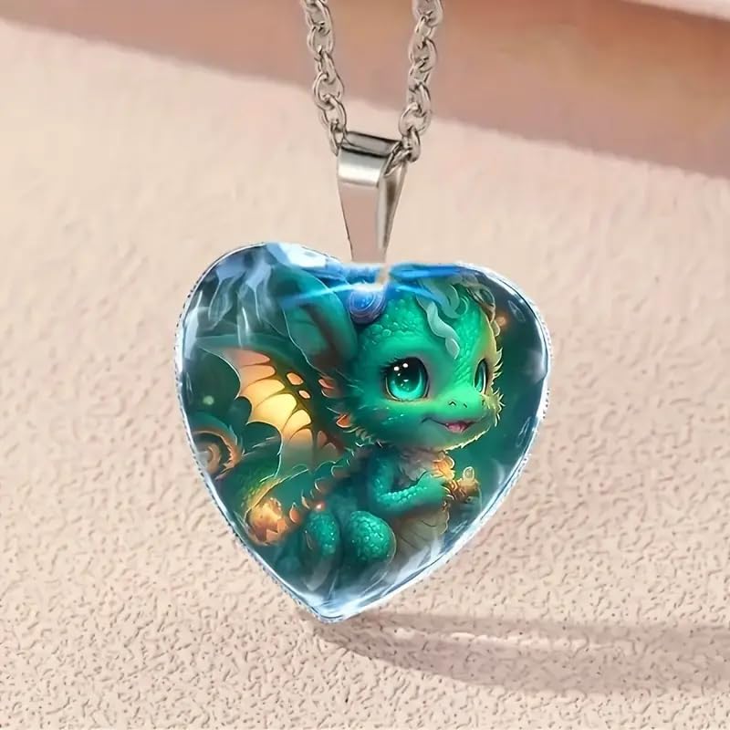 Cute Green Dragon Necklace, Glass Heart Pendant Charm with Stainless Steel Chain - Holiday, Christmas, or Birthday Gift