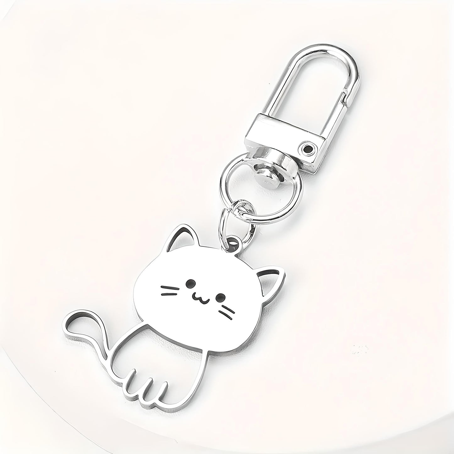 SUPAC Cute Cat Keychain with Carabiner Clip, White Metal, 2.68 x 1.18 inches