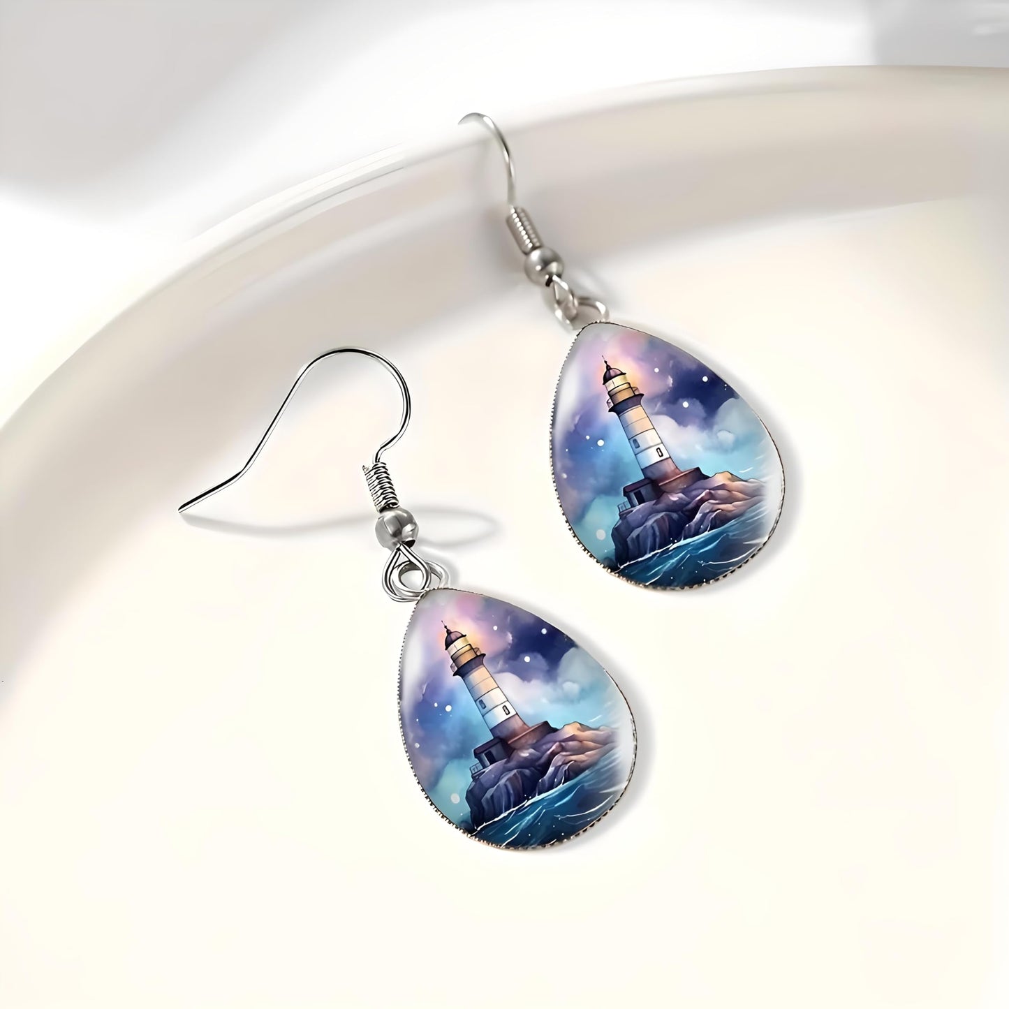 Teardrop Lighthouse Dangle Earrings, Nautical Design, 1.77 inch Length, Silver