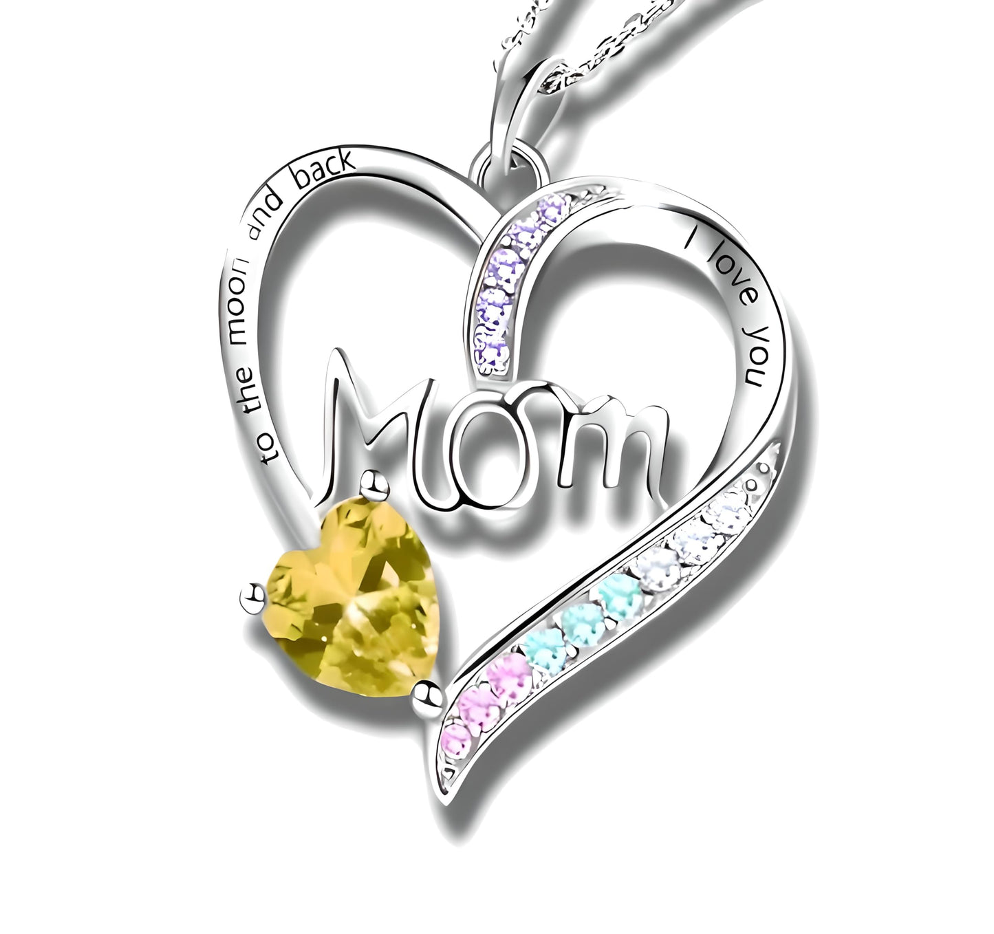 Heart Mom Necklace, Sterling Silver Crystal Pendant with Pink Heart Stone, I Love You to the Moon and Back - Mother's Day Gift
