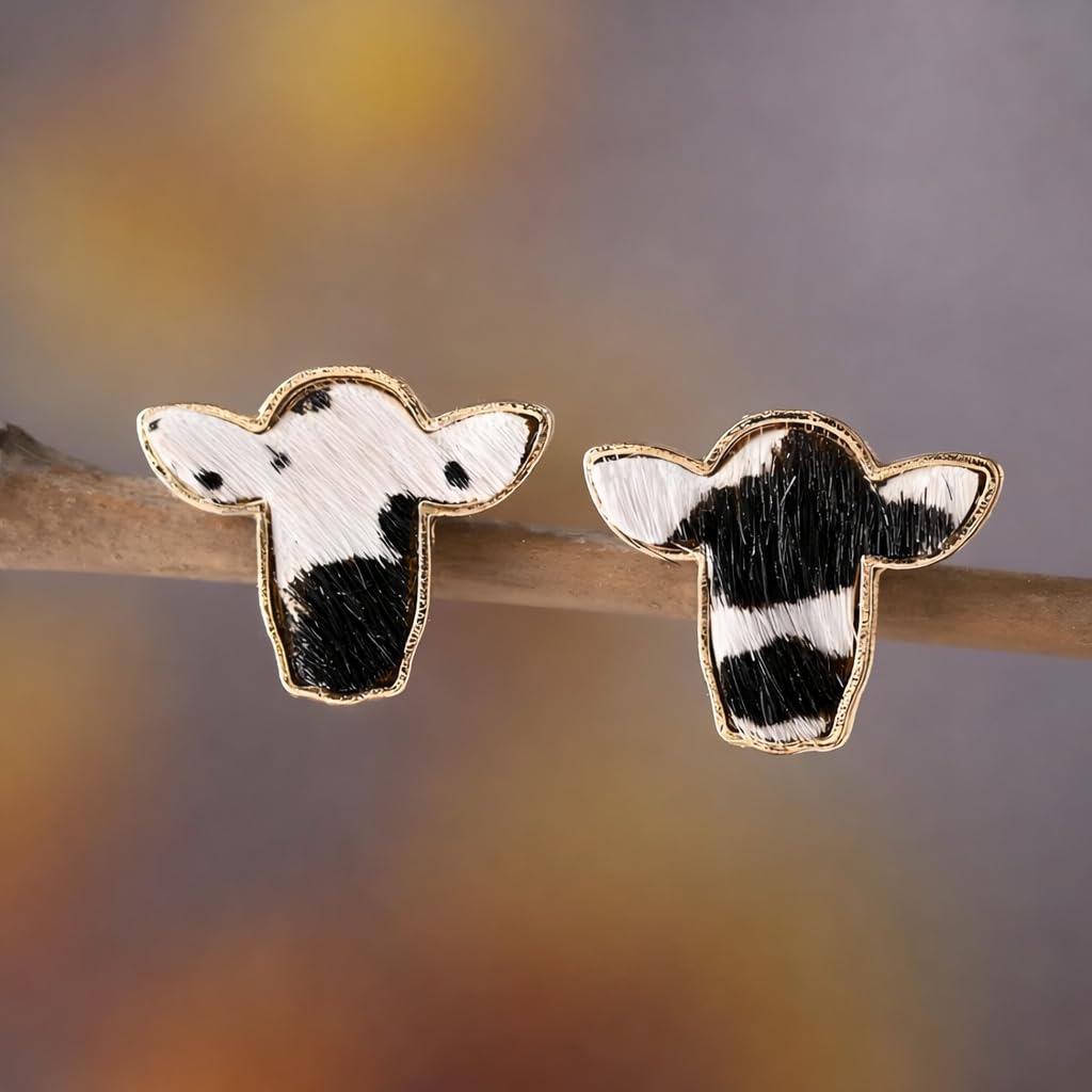 Cowhide Print Stud Earrings, 3-Set Gold-Tone Farm Animal Design, 0.78 x 0.62 inches -Brown, Orange, and Black Colors