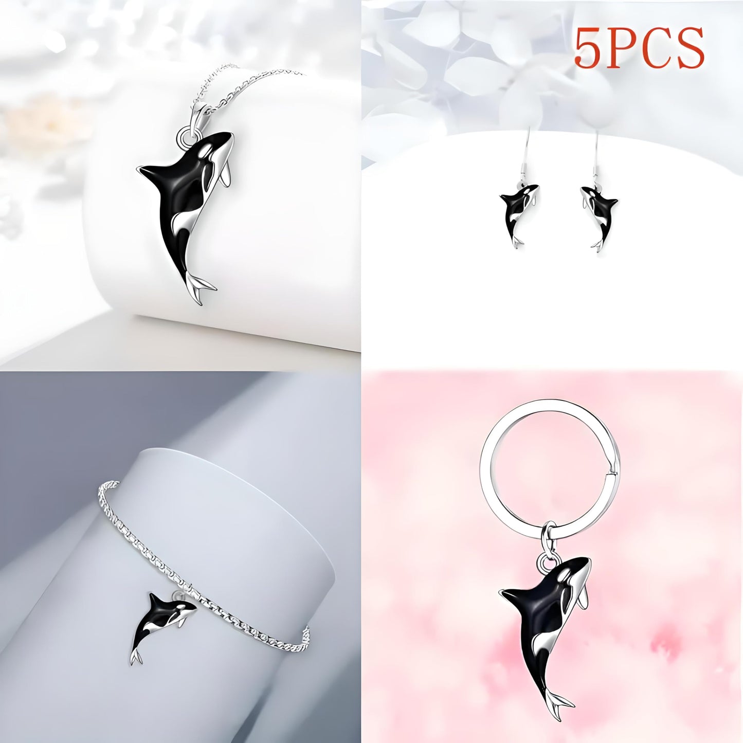 Orca Killer Whale Jewelry Set with Necklace, Earrings, Bracelet and Keychain, Black and Silver - Shamu Gift