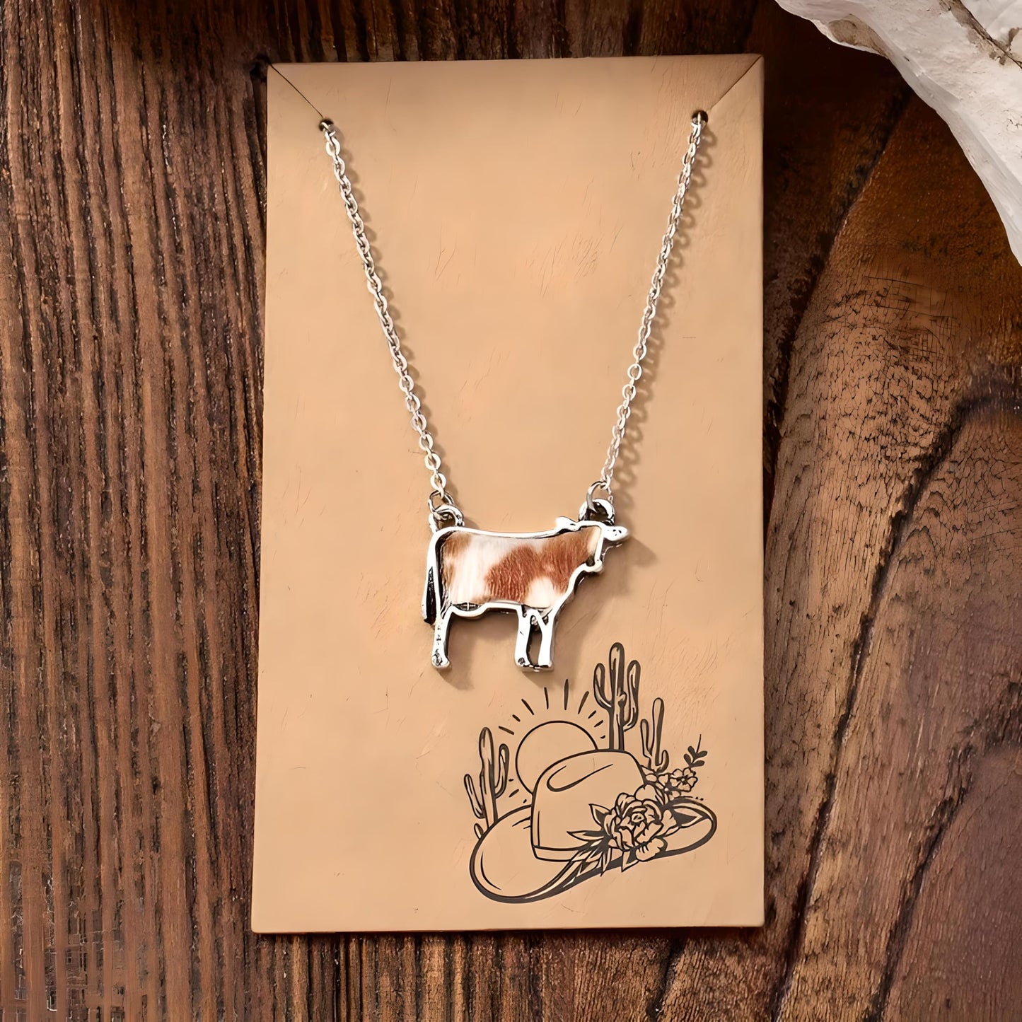 Western Farm Animal Pendant Necklace, Cow, Horse, Goat, and Pig Hide - Silver Chain, 15.35 inch + 1.97 inch Extension