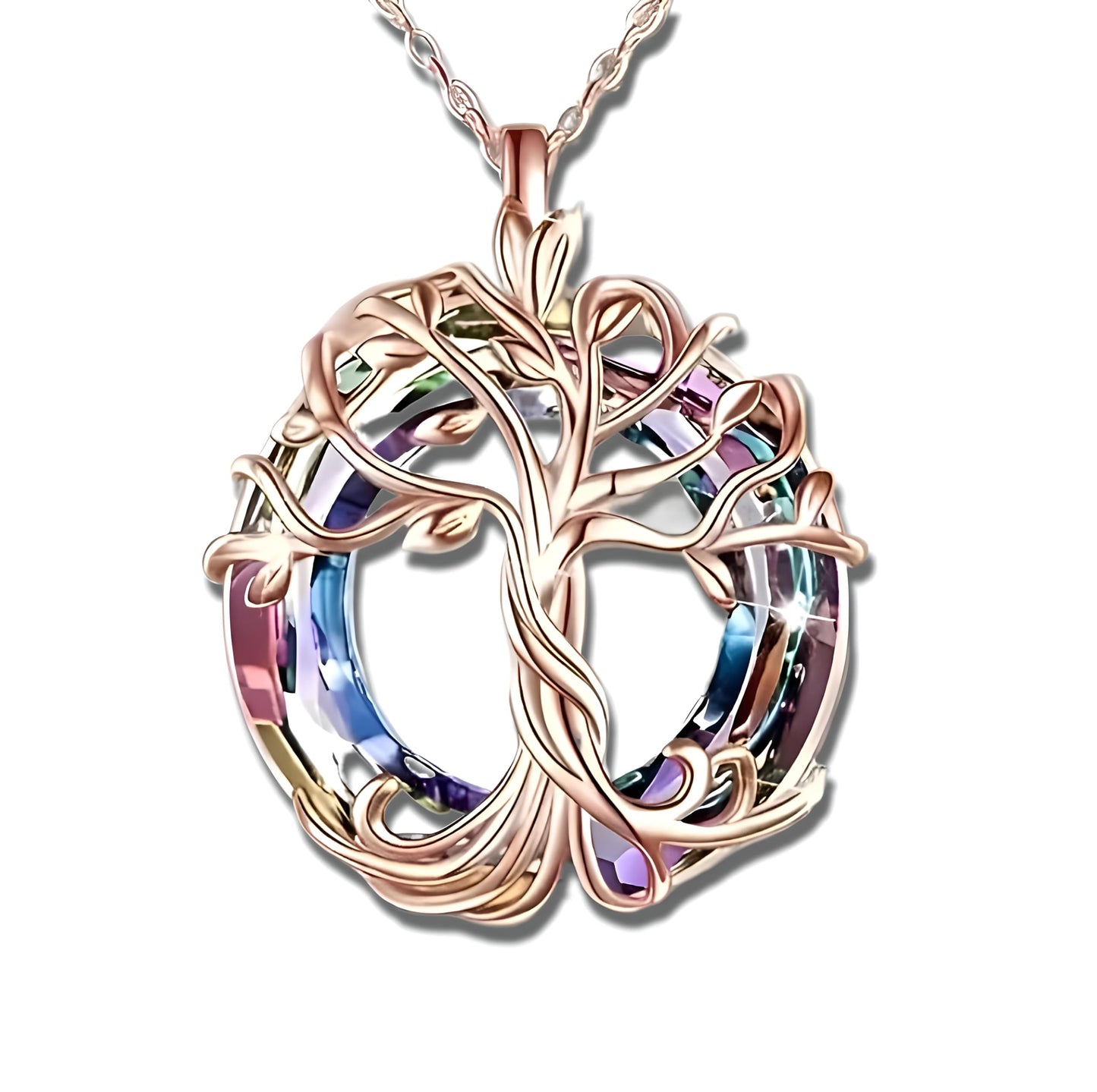 Tree of Life Swing, Sloth, Horse + Other Styles Pendant Necklace, Silver Chain, Crystal Rainbow Background - Gift for Friends