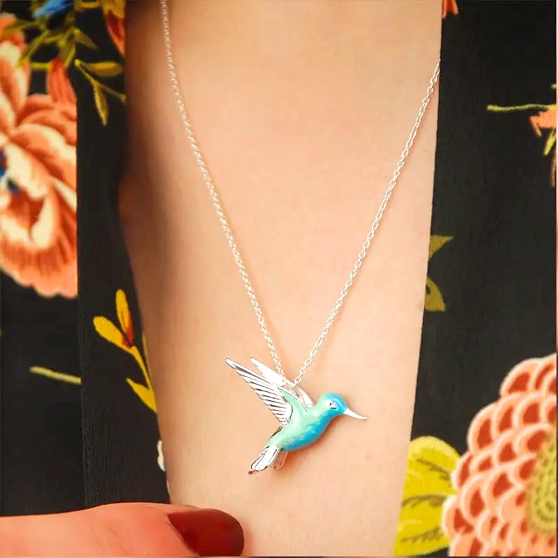 Hummingbird Pendant Necklace, Sterling Silver Chain, Turquoise Blue Enamel