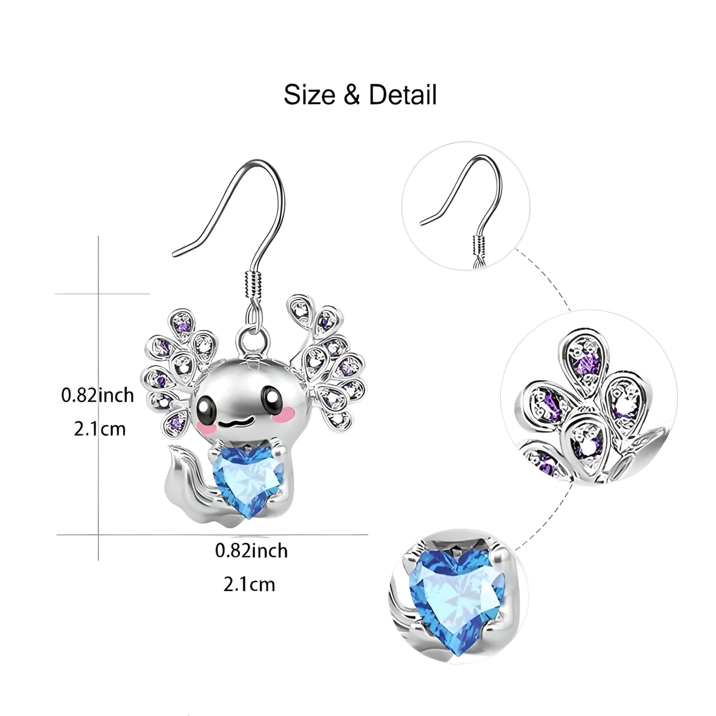 Cute Salamander Jewelry Set with Blue Crystal Heart, Silver Necklace, Earrings, Bracelet and Keychain