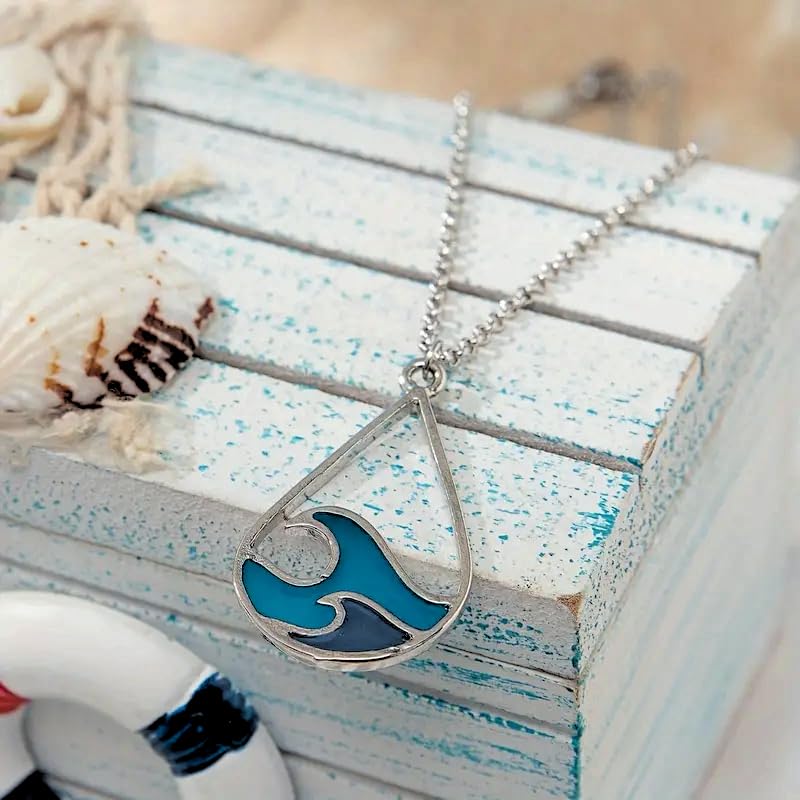 Ocean Wave Pendant Necklace, Silver Chain, Blue Enamel Design, Teardrop Shape