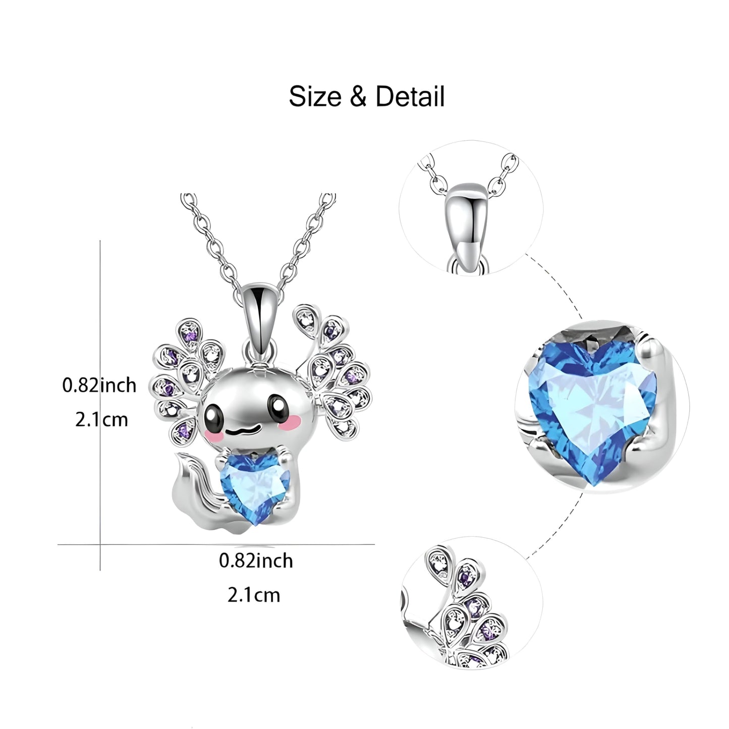Cute Salamander Jewelry Set with Blue Crystal Heart, Silver Necklace, Earrings, Bracelet and Keychain