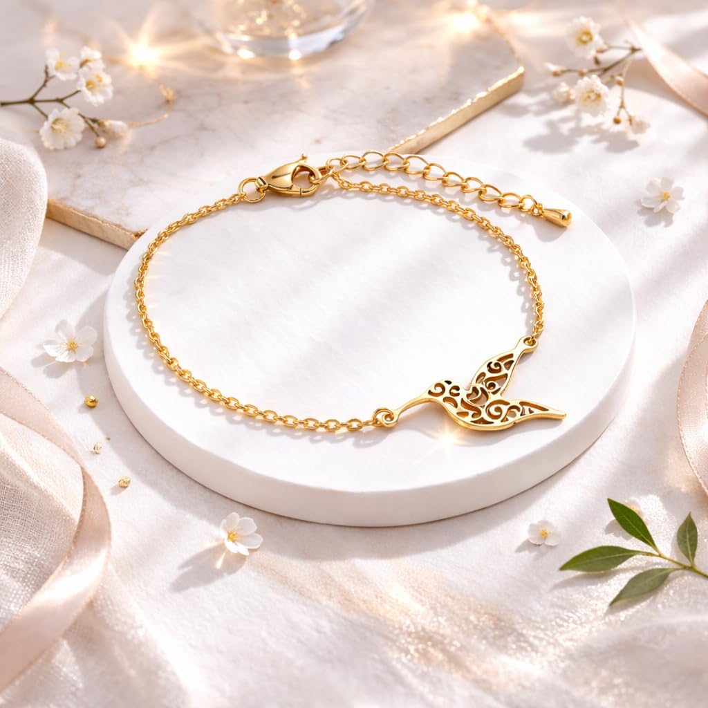 Dainty Hummingbird Chain Bracelet, Gold-Tone, 6.5-8.1 Inches Adjustable Length