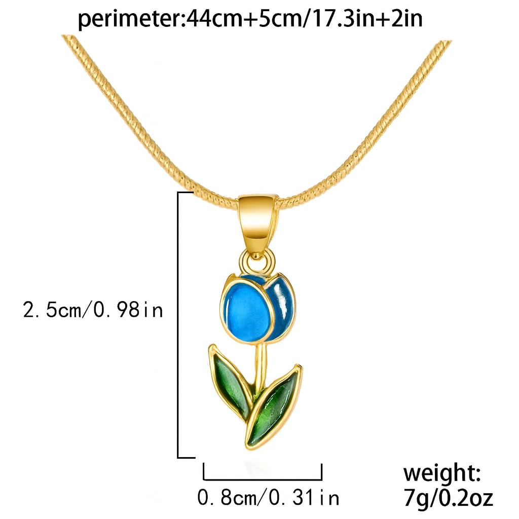 SUPAC Tulip Pendant Necklace, Gold-Plated Chain, Blue and Green Enamel Flower, 17.3 Inches