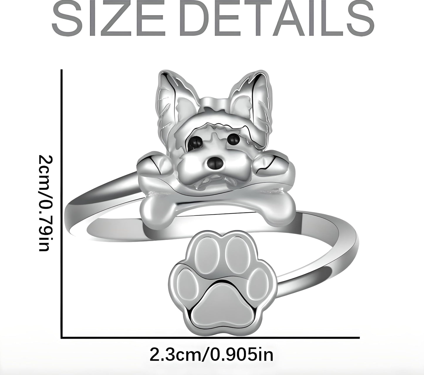 German Shepherd, Yorkie, Pug Dog Paw Adjustable Ring, Sterling Silver, Paw Print Design with Crystal Accents - Christmas, Birthday, or Party Ring