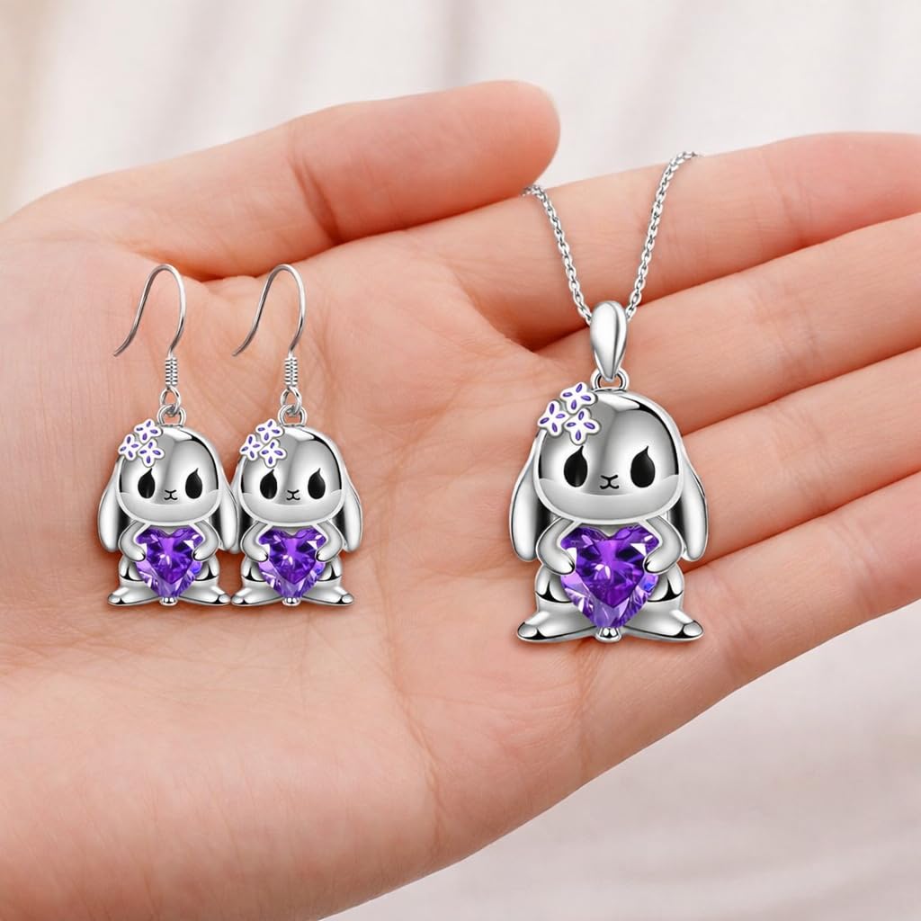 SUPAC Stainless Steel Angry Bunny Pendant Necklace with Purple Crystal Heart, 19.68 inch Chain - Silver Plated