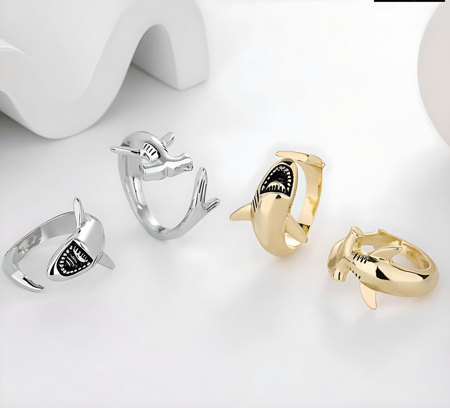 Sterling Silver Great White and Hammerhead Shark Adjustable Ring with Black Cubic Zirconia Accents