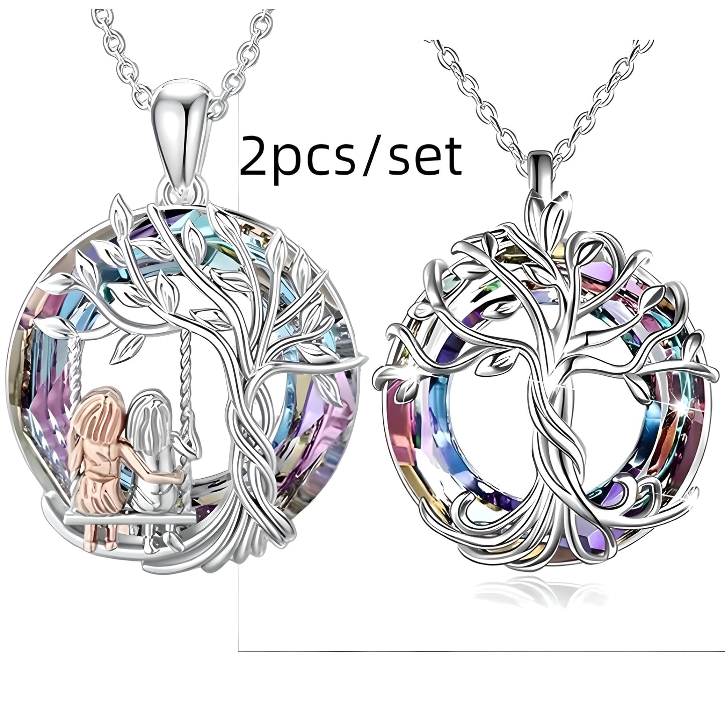2 PC Tree of Life Pendant + Swinging Necklace, Silver Chain, Rainbow Crystal Accents, Vintage Swing Design