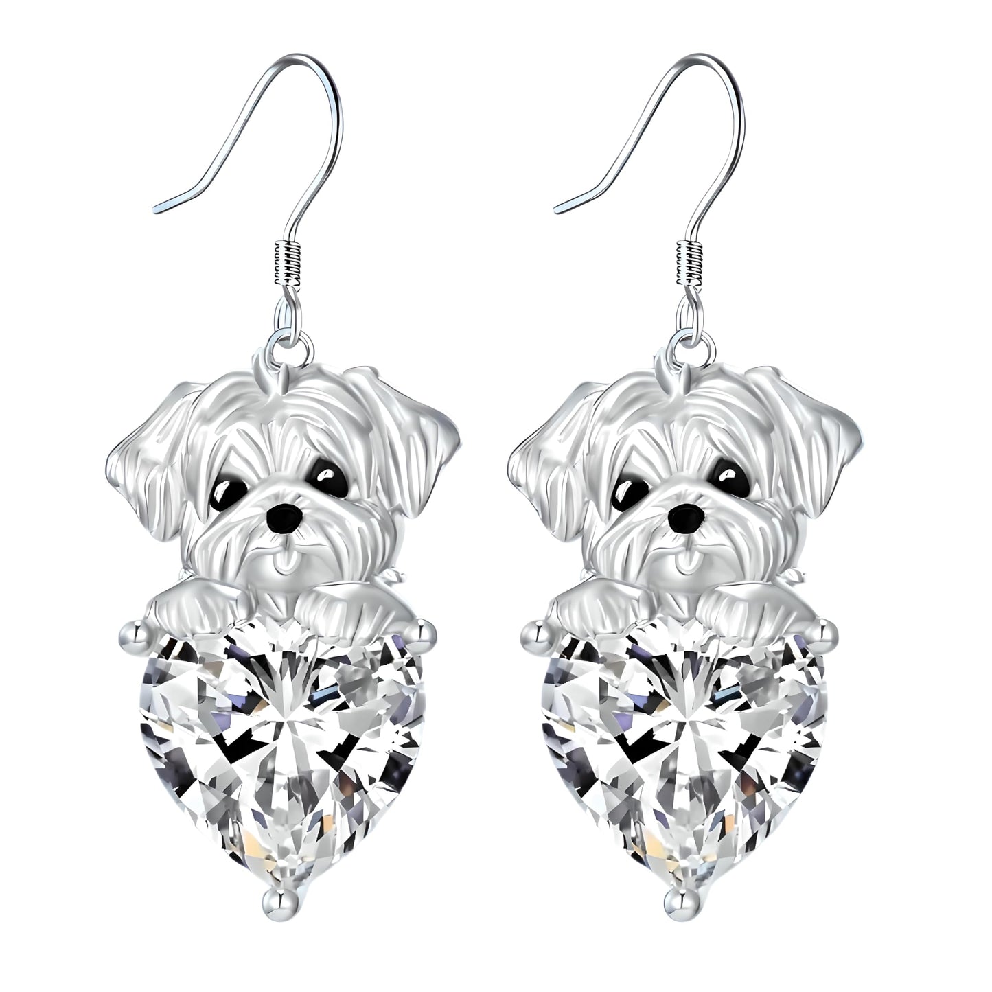 Decorative Dog Dangle Earrings, Blue Crystal Heart, Silver Shih Tzu Design
