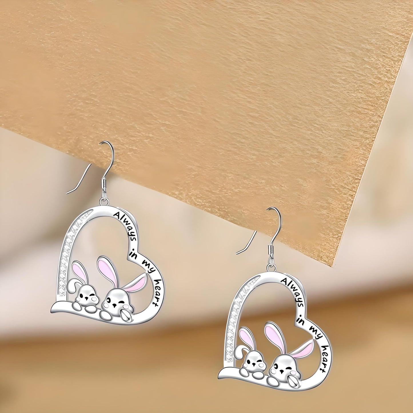 SUPAC Pair of Bunnies & Heart Pendant Necklace Always in My Heart - White Golden Plated Alloy with Resin Accents, Birthday or Friendship Gift, 2+ Options
