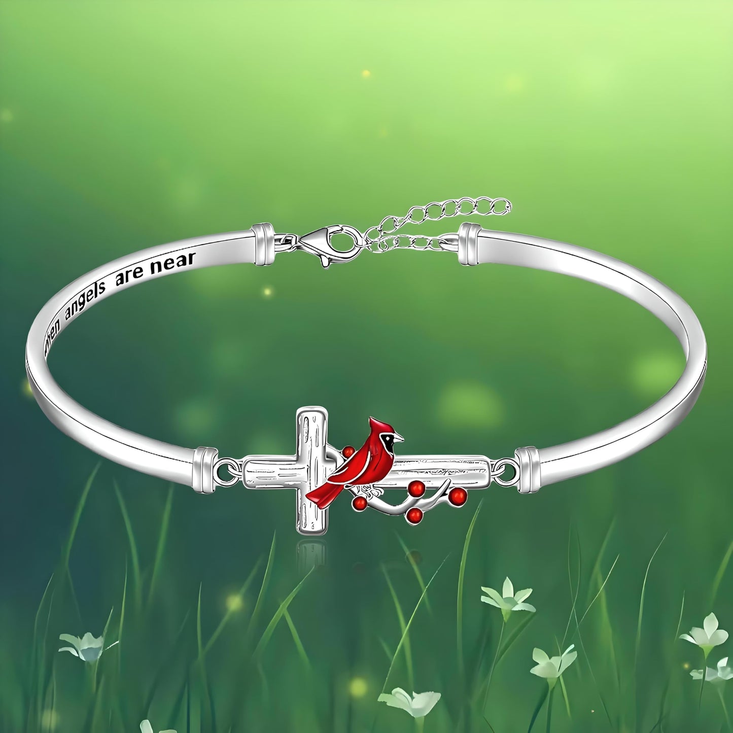 Cardinal Cross Bangle Bracelet, Silver Tone with Red Bird Design, 0.75 inch Charm