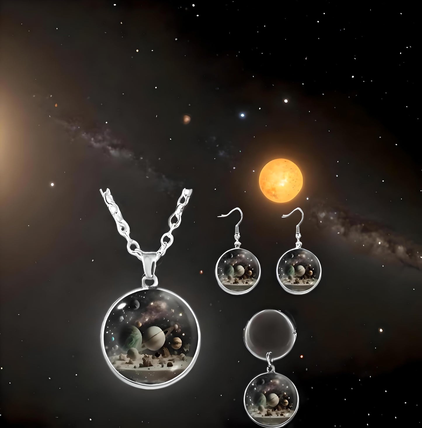 Galaxy Space Jewelry Set, Solar System Pendant Necklace with Earrings and Keychain - Solar System Jewelry Gift