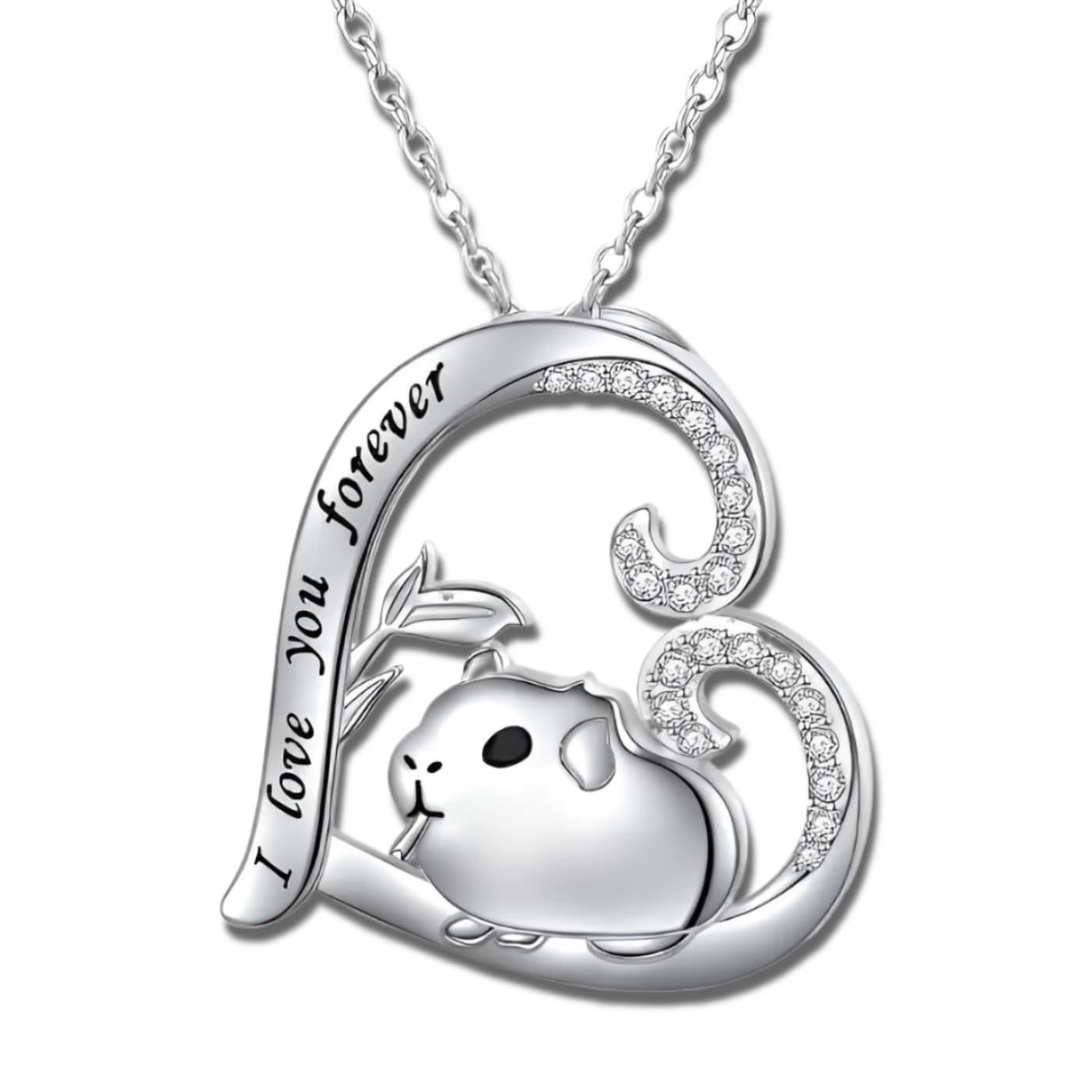 Love You Forever Guinea Pig Heart Necklace, Sterling Silver with Crystals - Christmas, Party, and Birthday Gift