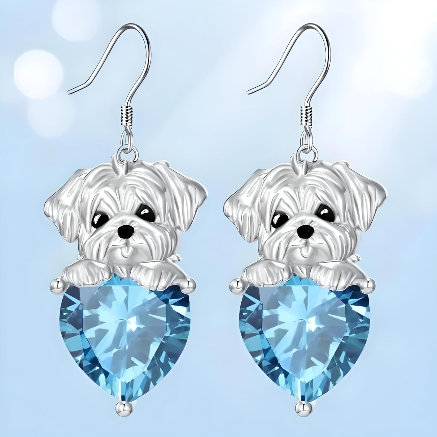 Decorative Dog Dangle Earrings, Blue Crystal Heart, Silver Shih Tzu Design