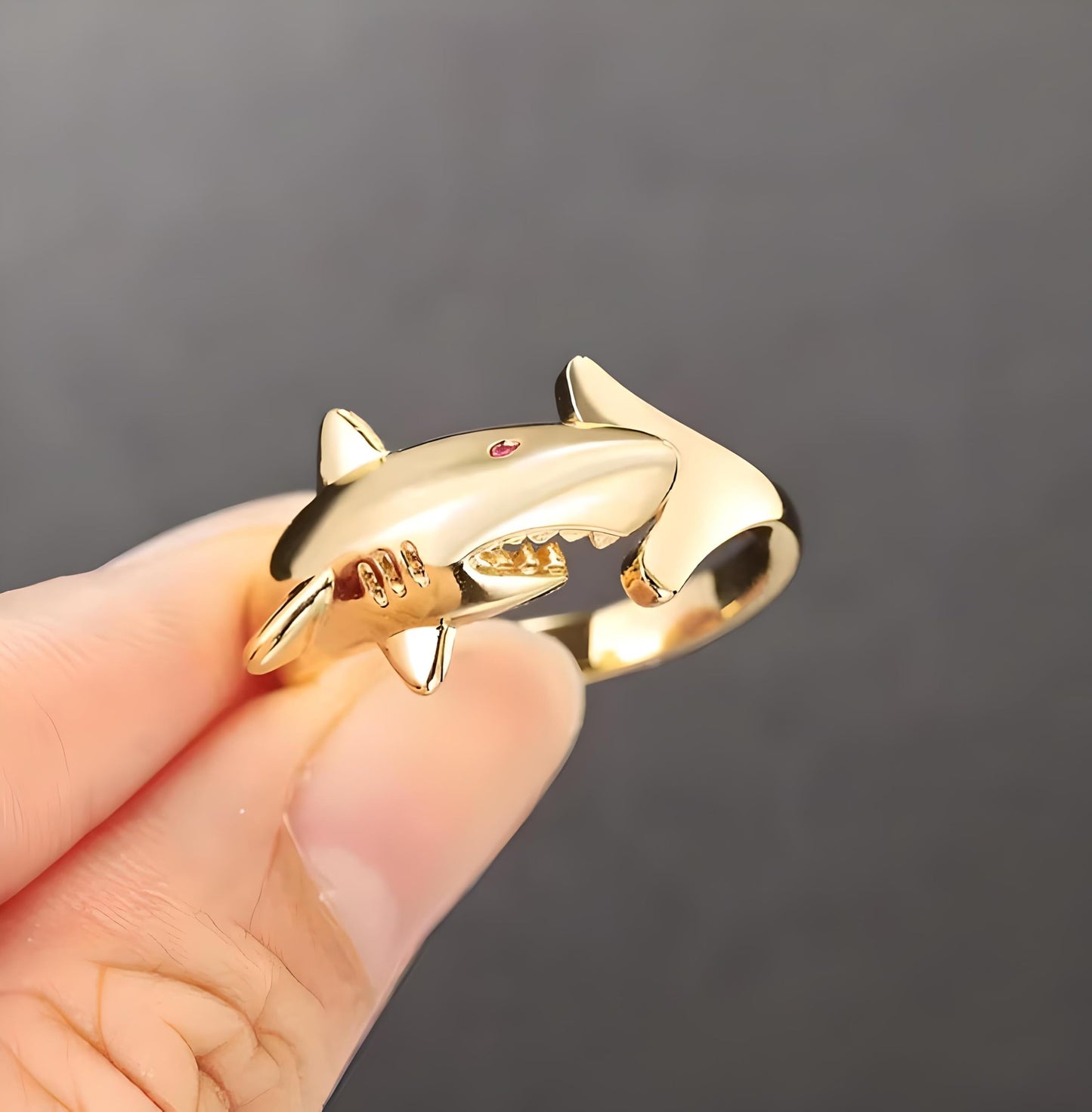 Sterling Silver Great White and Hammerhead Shark Adjustable Ring with Black Cubic Zirconia Accents