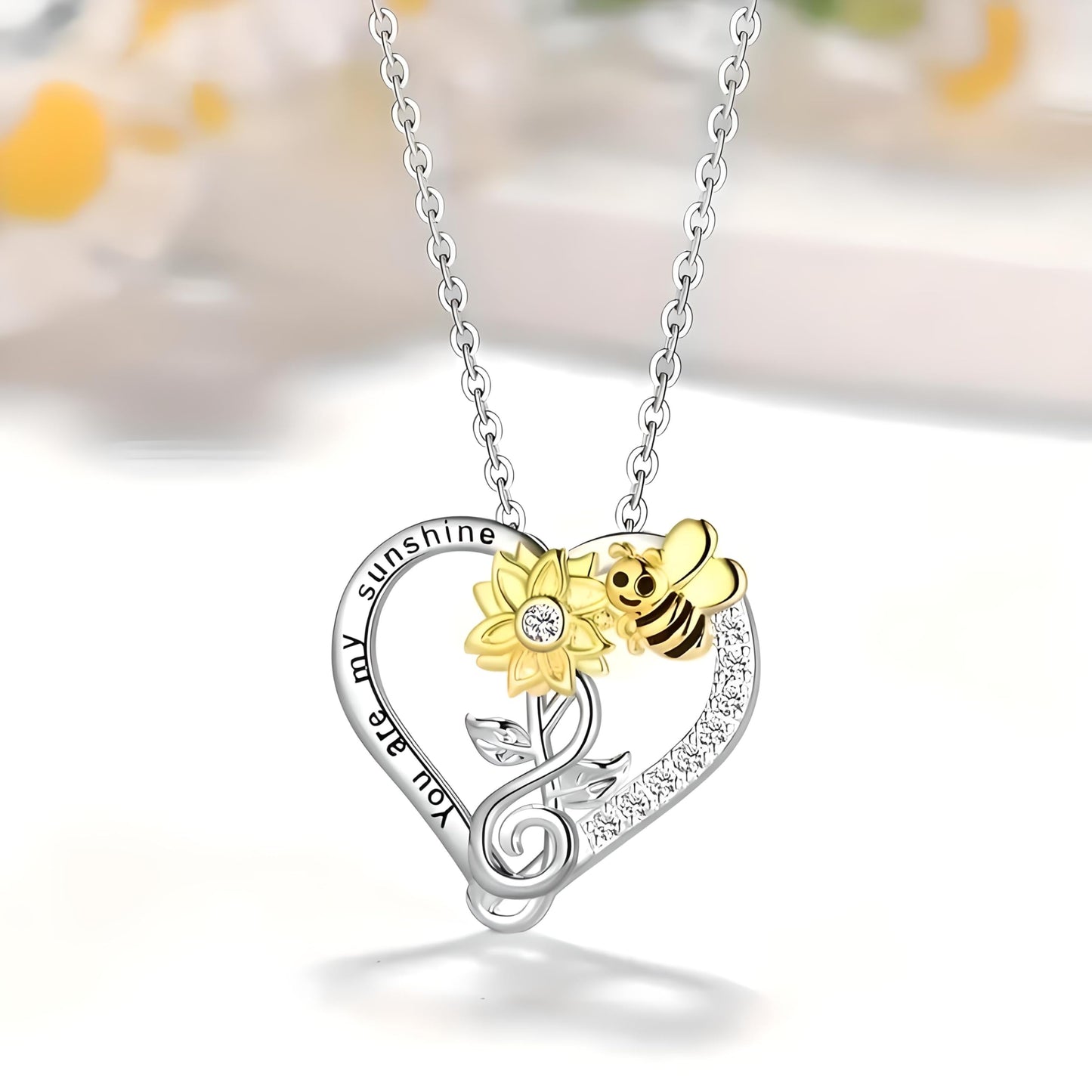 SUPAC You Are My Sunshine Sunflower and Bumble Bee Heart Pendant Necklace for Women, Dainty Jewelry, Birthday or Christmas Gift