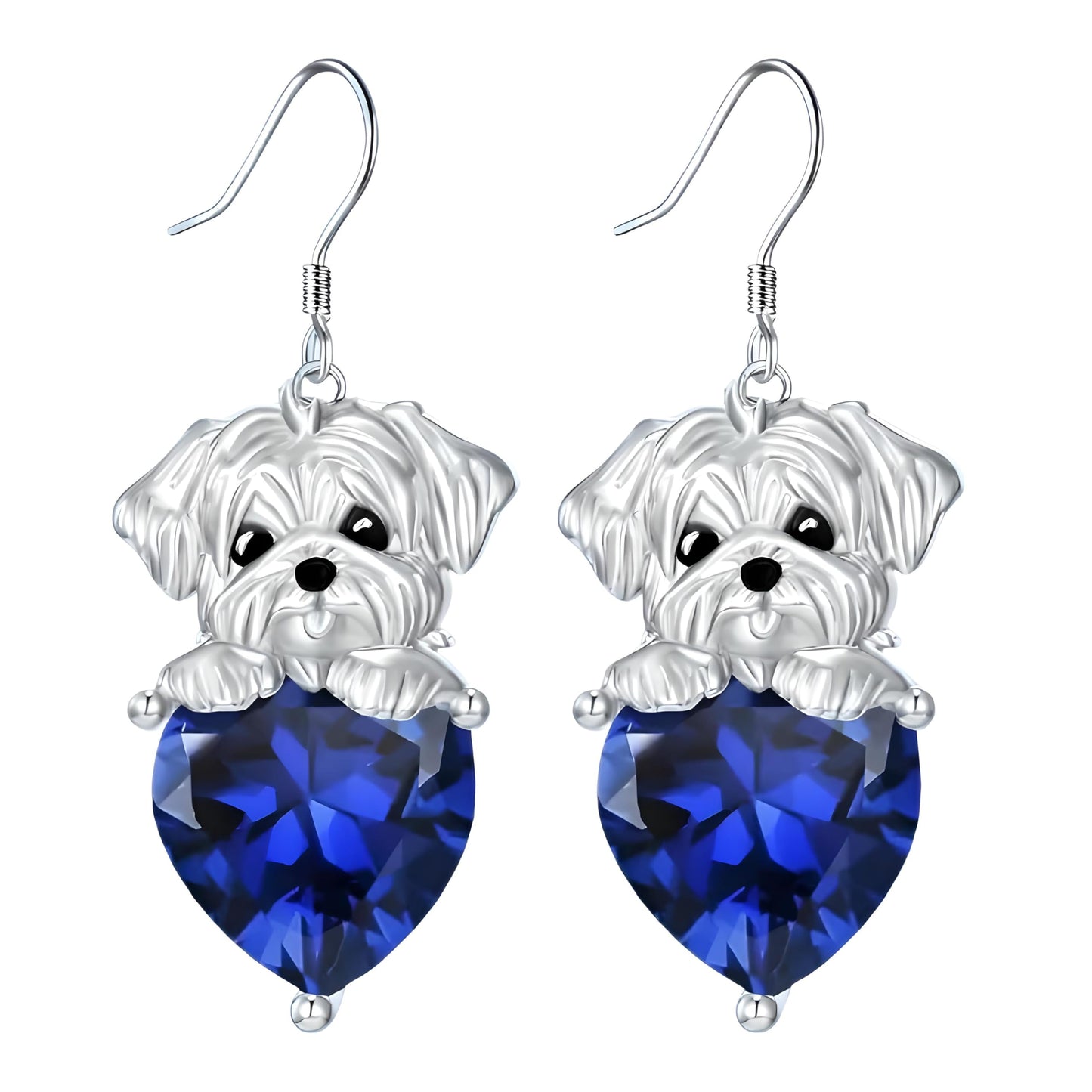 Decorative Dog Dangle Earrings, Blue Crystal Heart, Silver Shih Tzu Design