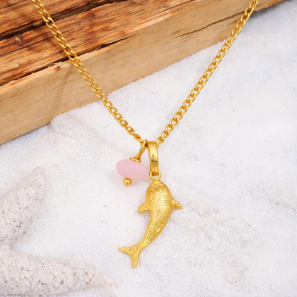 Gold Shark w/Pink Sea Glass - Whale Shark Necklace with Sea Glass Accent, Gold and Silver Chain - 3 Color Options