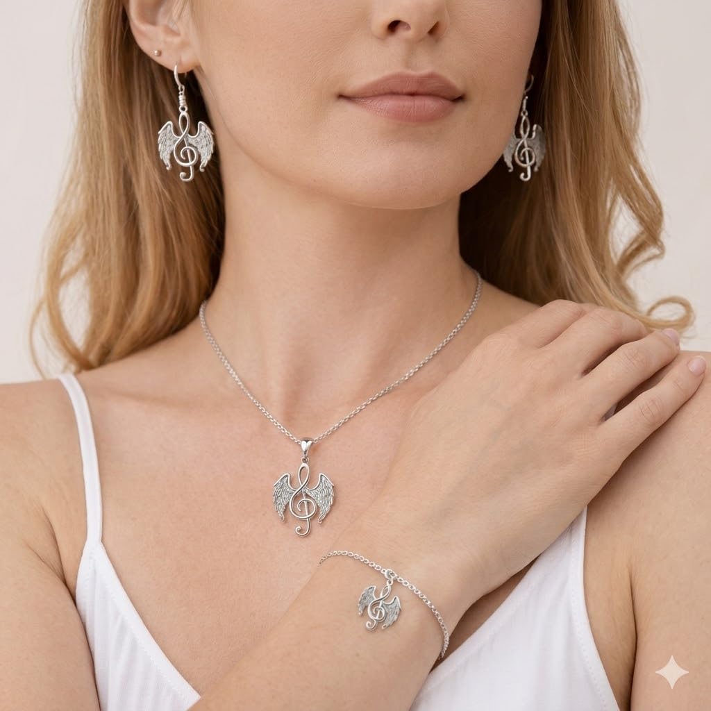 Musical Note Jewelry Set, 4-Piece Silver Treble Clef Design, Necklace Bracelet Earrings Keychain