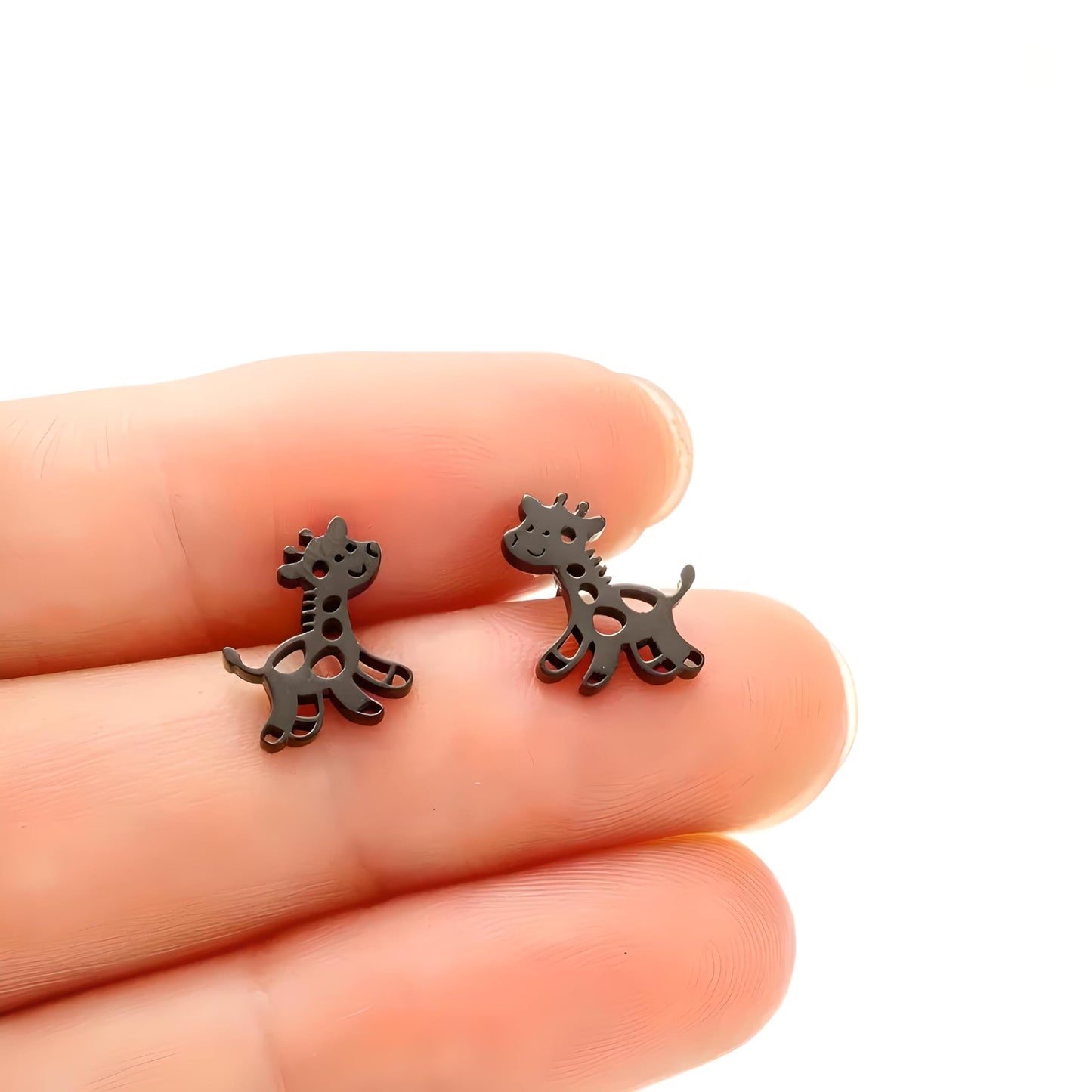 Cute Giraffe Stud Earrings, Black, Silver, Rose Gold, and Gold Options, Stainless Steel, Animal Design - Gift for Giraffe Lovers