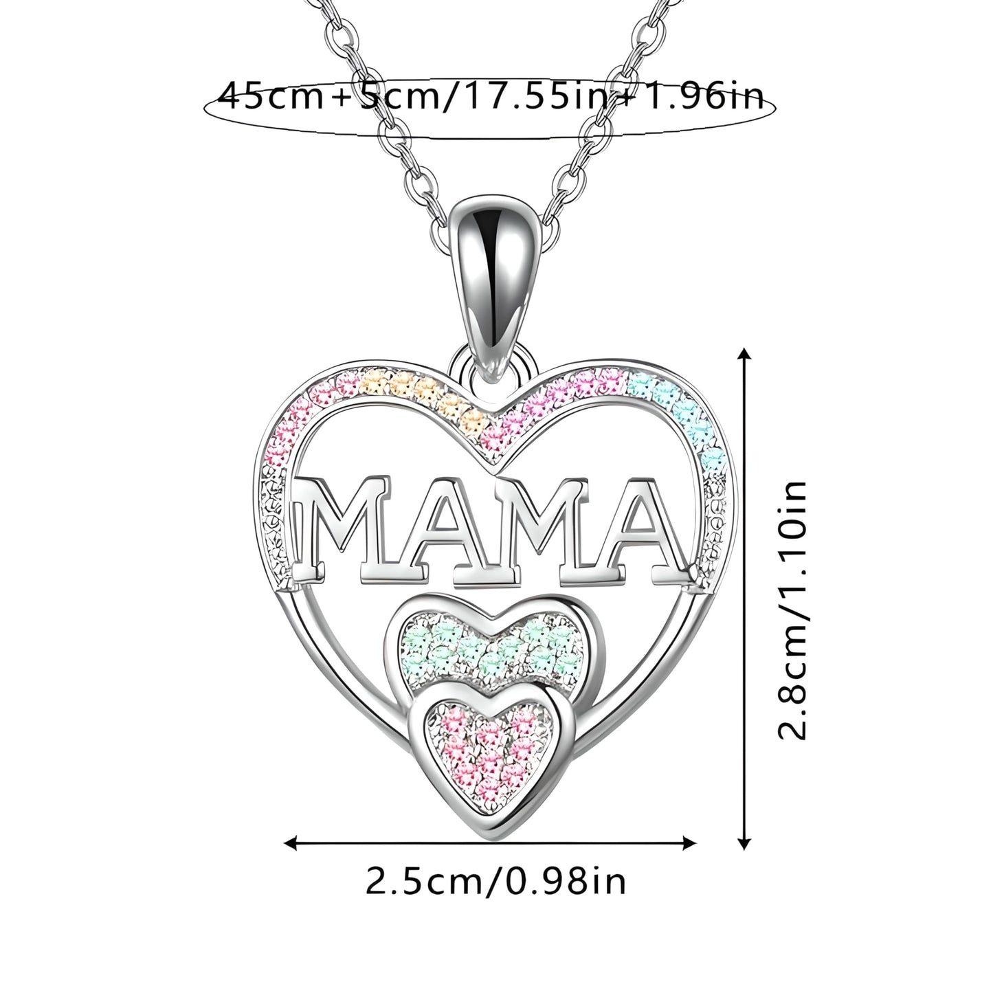 Gold Heart Shaped "MAMA" Necklace, Sparkling Stainless Steel Necklace- with Blue and Pink Simulated Diamonds, Christmas or Birthday Gift