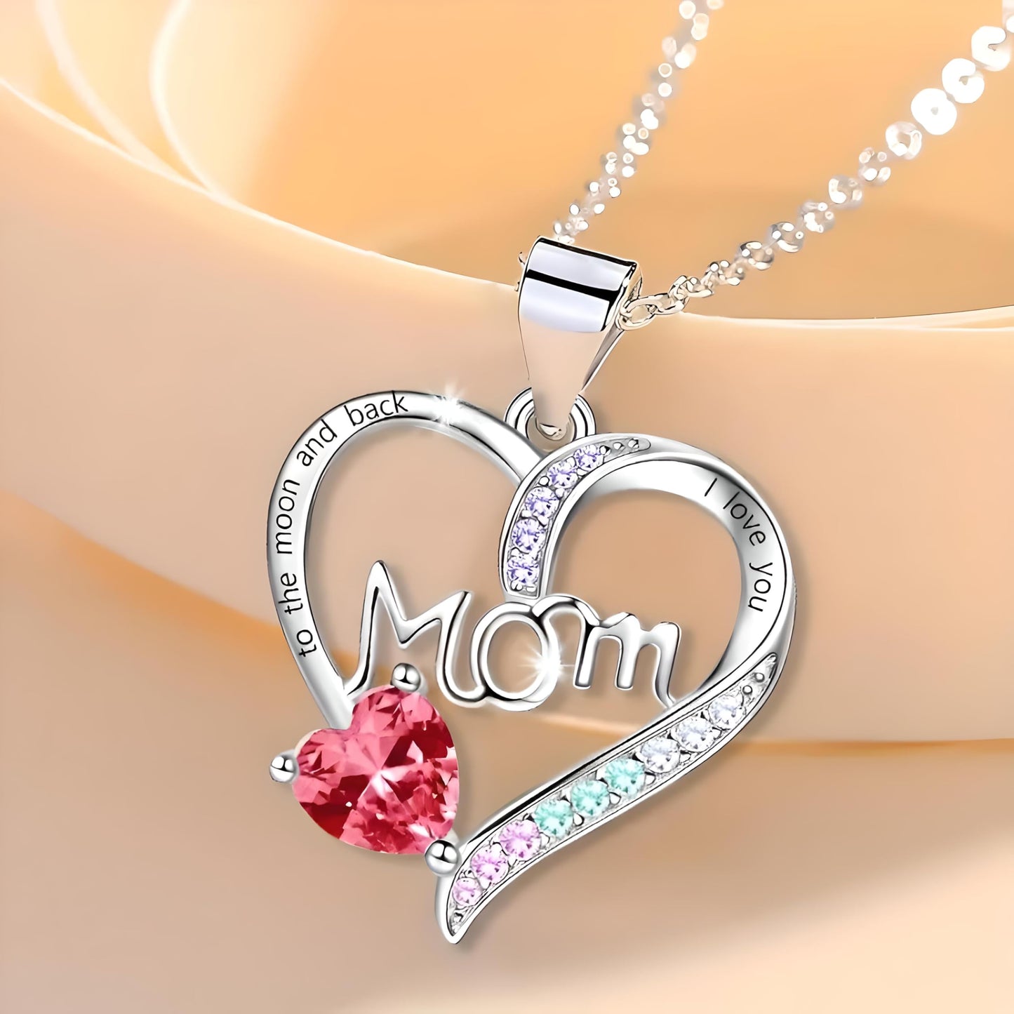 Gold Heart Shaped "MAMA" Necklace, Sparkling Stainless Steel Necklace- with Blue and Pink Simulated Diamonds, Christmas or Birthday Gift (Red Heart)