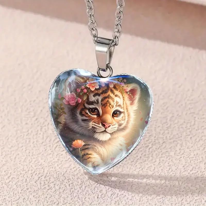 Heart Shaped Tiger Pendant Necklace with Floral Design - Holiday, Brithday, or Christmas Gift