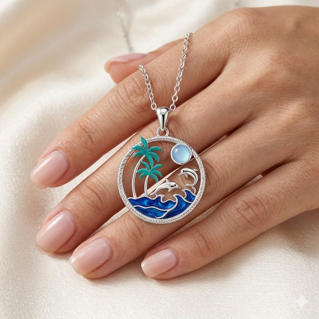 SUPAC Tropical Beach Pendant Necklace, Stainless Steel Dolphin and Palm Tree Design, 19.7 Inch Chain