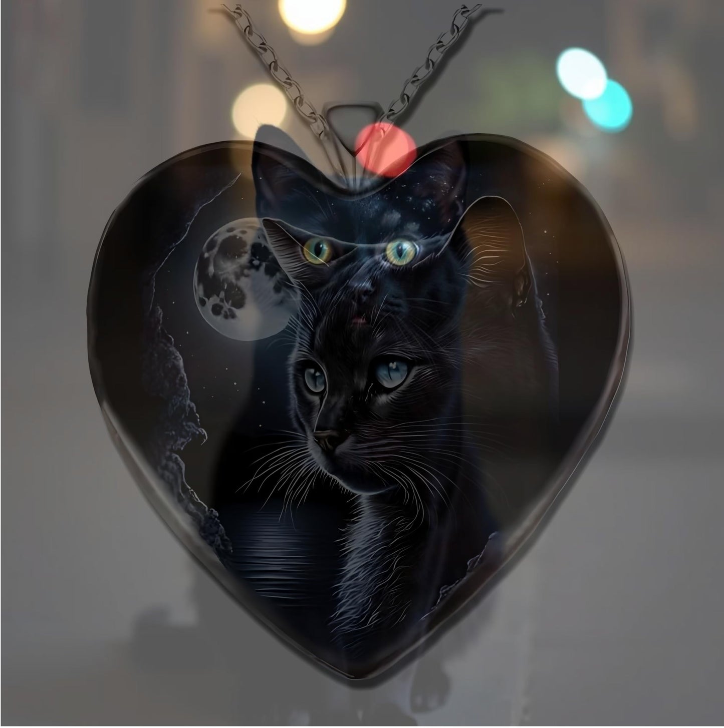 Heart-Shaped Black Cat Necklace with Moon and Galaxy Design, Glass Pendant with Stainless Steel Chain - Christmas, Holiday, or Birthday Gift