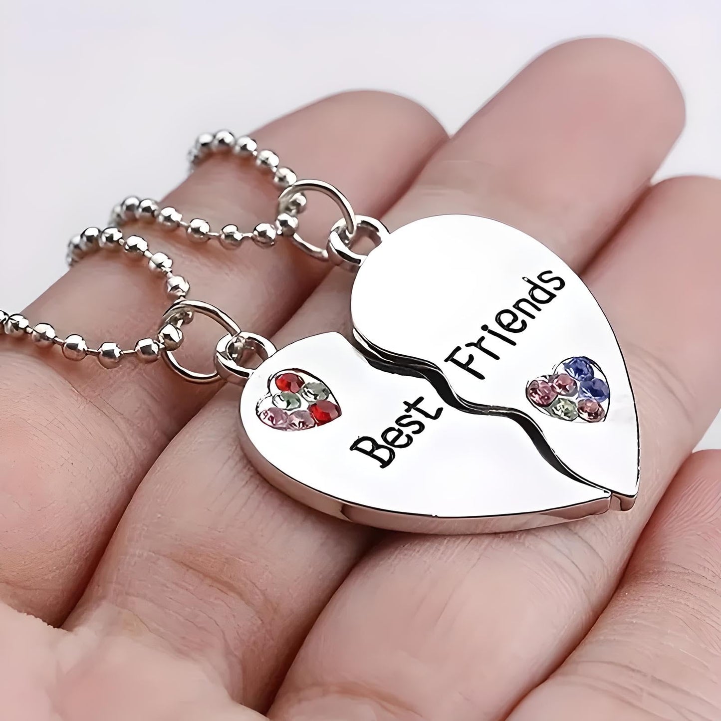 Best Friends Split Heart Pendant Necklace, 2 PC/set, with Rhinestones, 19.7 inch Silver Ball Chain