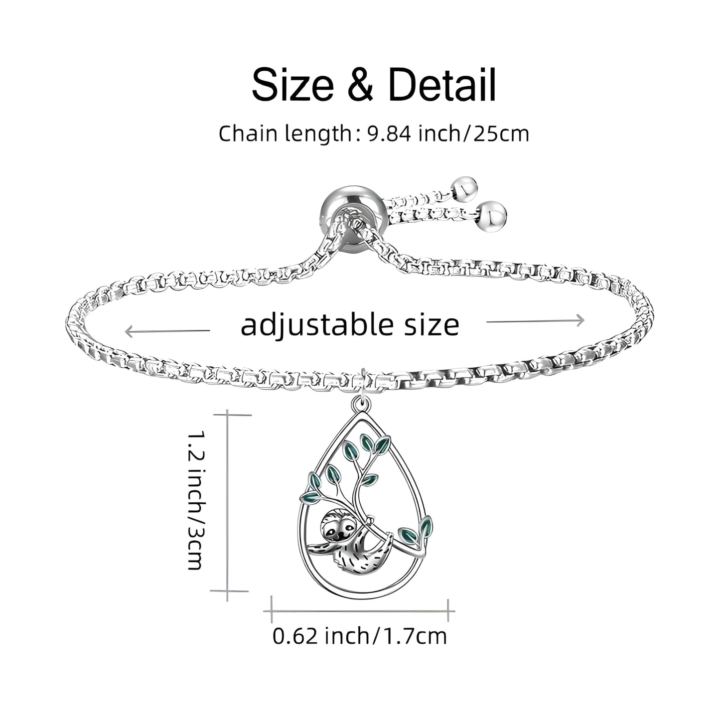 Sloth Jewelry Set, Sterling Silver Teardrop Pendant Necklace, Earrings, Bracelet and Keychain with Green Leaf Design
