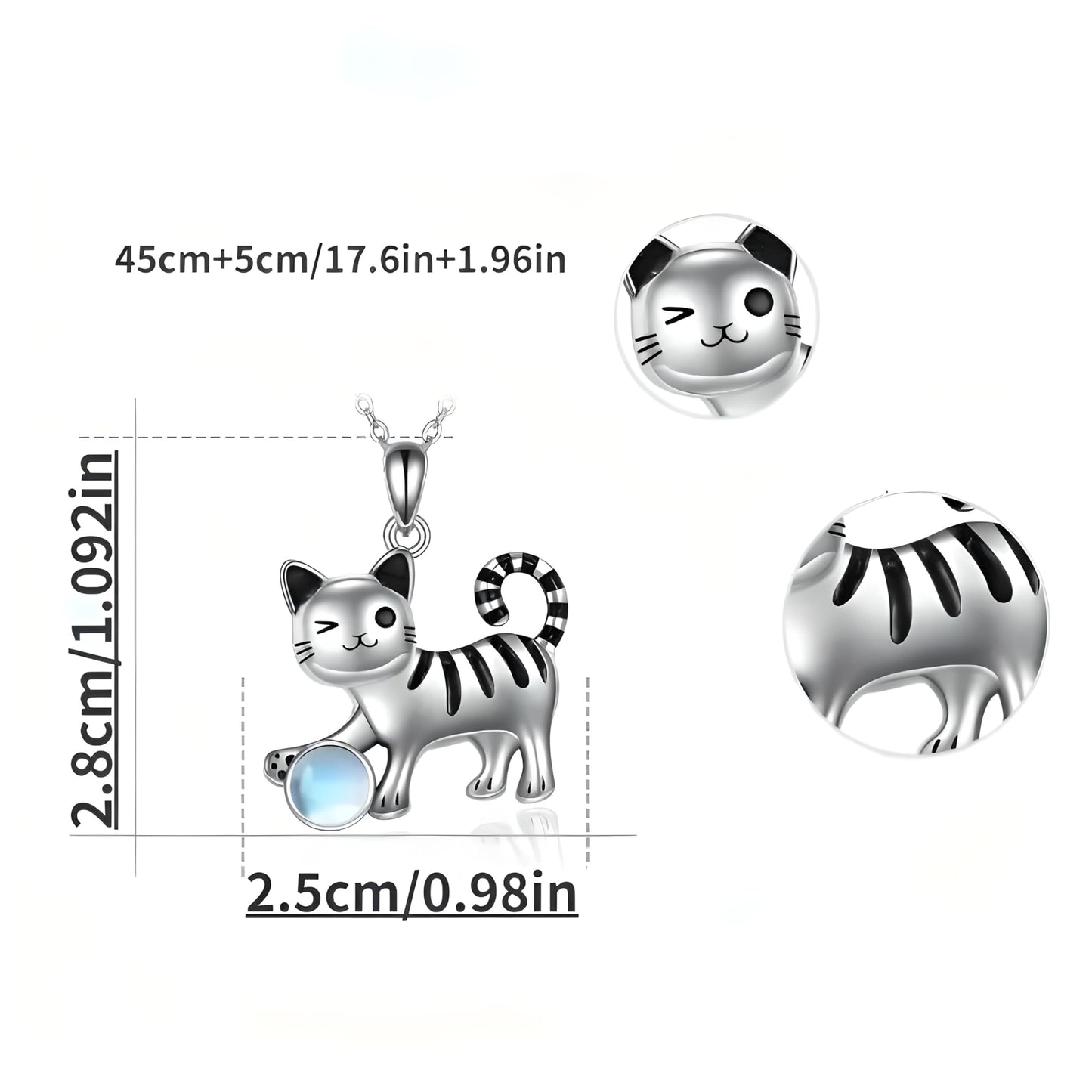 SUPAC Winking Cat Pendant Necklace Playing With Blue Ball, Sterling Silver Chain, Moonstone Ball Charm - Cat Lovers' Gift