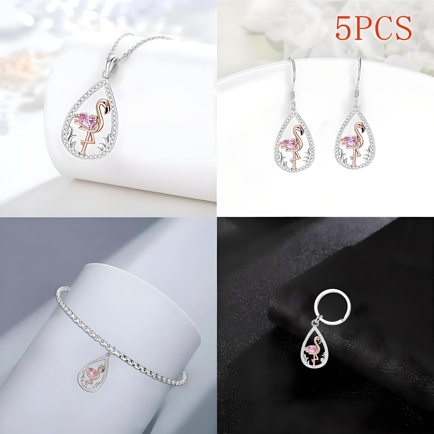 Flamingo Jewelry Set with Pink Crystal, 4-Piece Silver Teardrop Design, Necklace Bracelet Earrings Ring