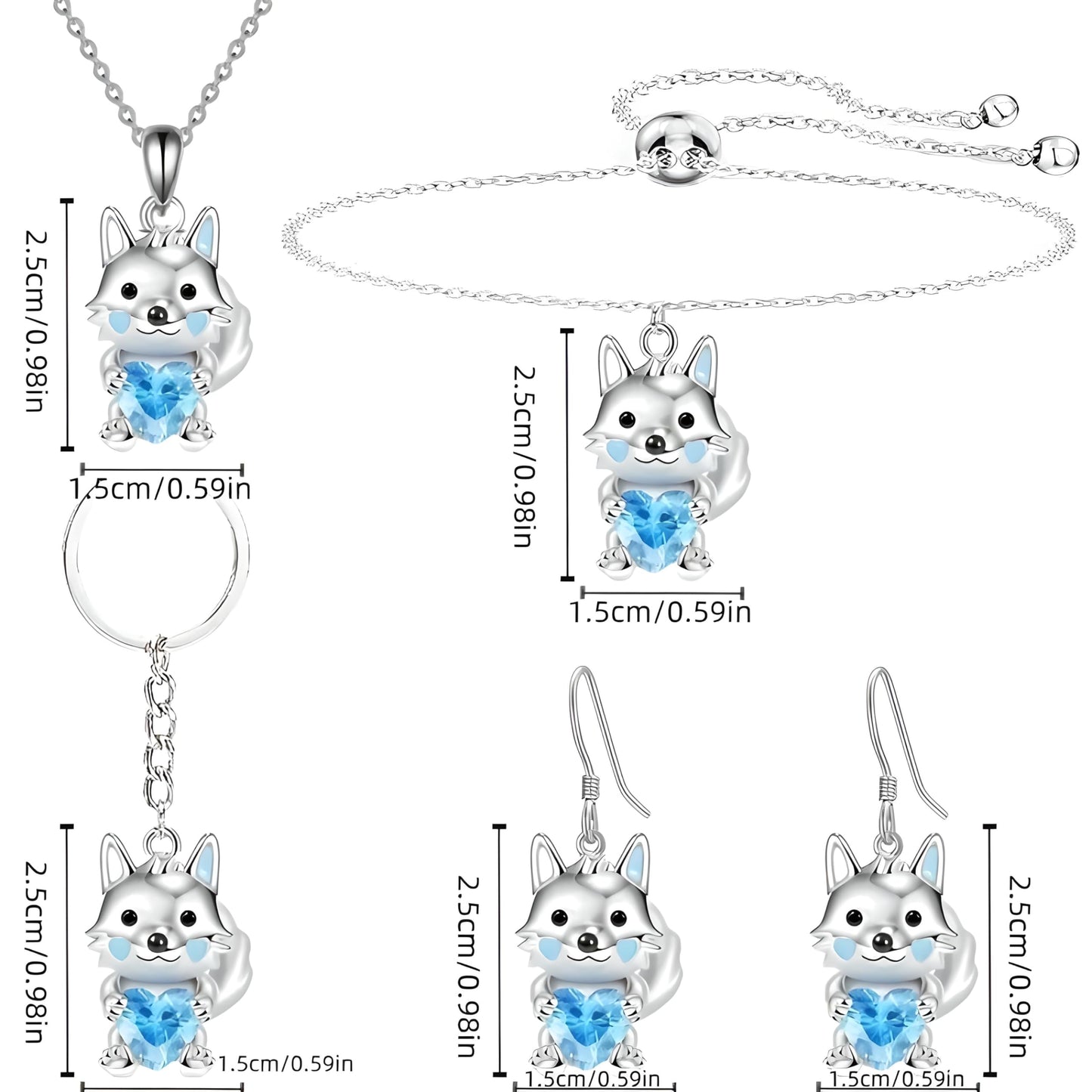 Wolf Jewelry Set with Blue Crystal Heart, Sterling Silver Necklace, Bracelet, Earrings and Keychain, 4-Piece Set
