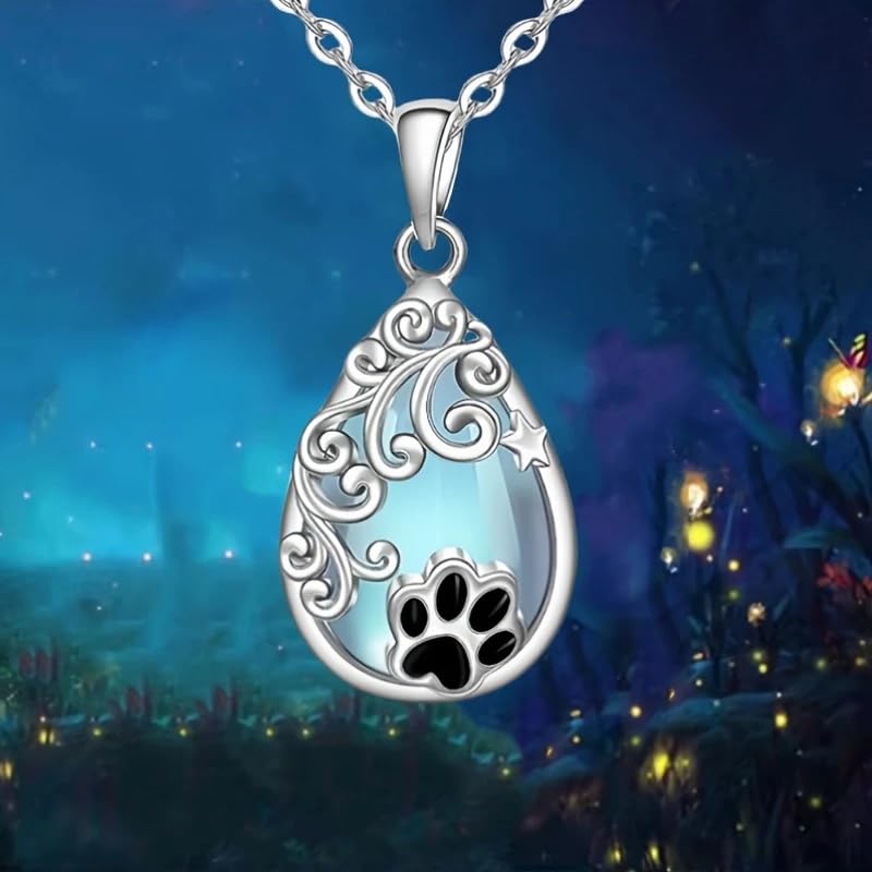 Pet Memorial Necklace, Silver Teardrop Pendant with Paw Print and Moon Stone, Cat or Dog Lovers' Gift
