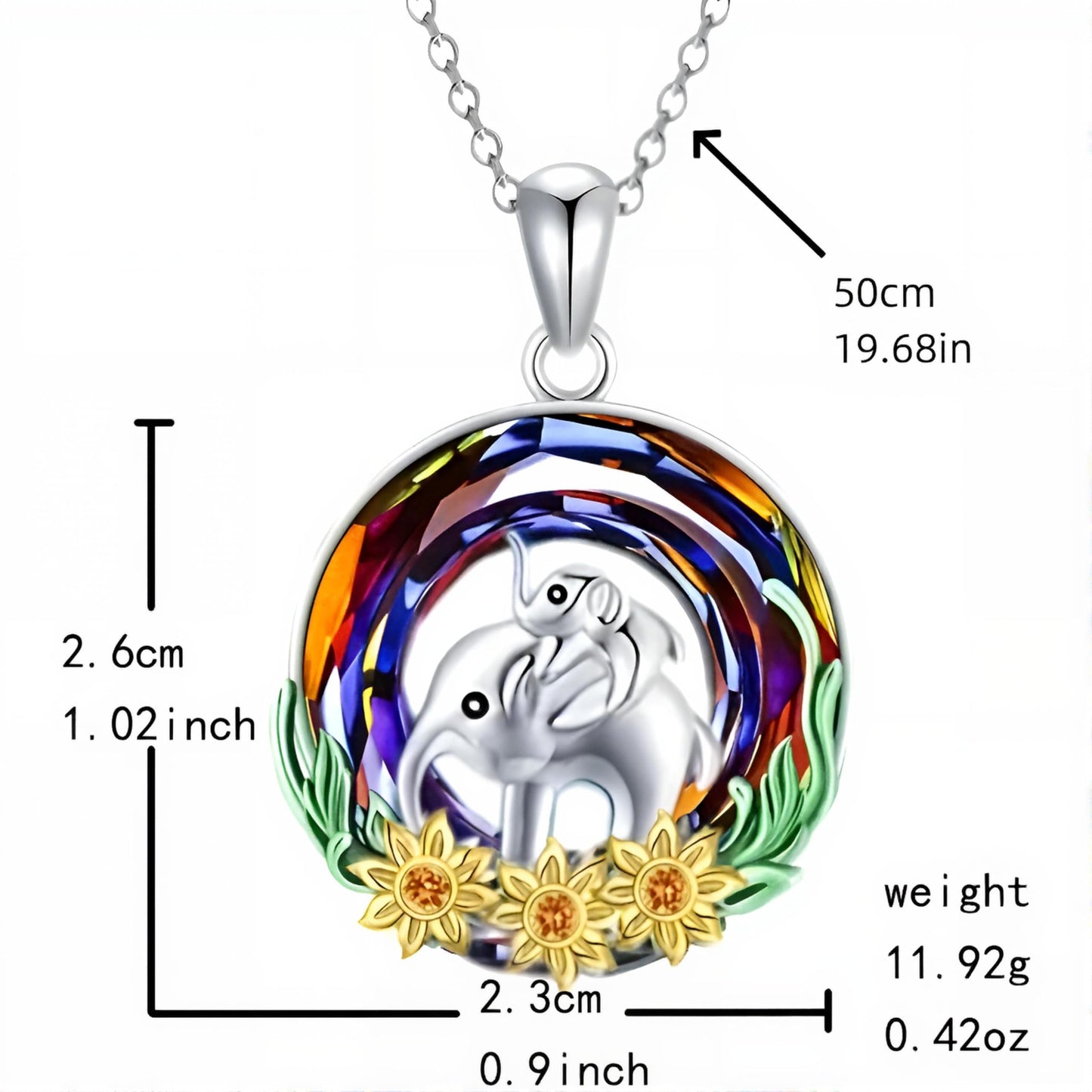 Stainless Steel Animal Pendant Necklace Set, Elephant with Sunflower, Hummingbird, Cat Design, Multi-Color Crystal (Elephant)