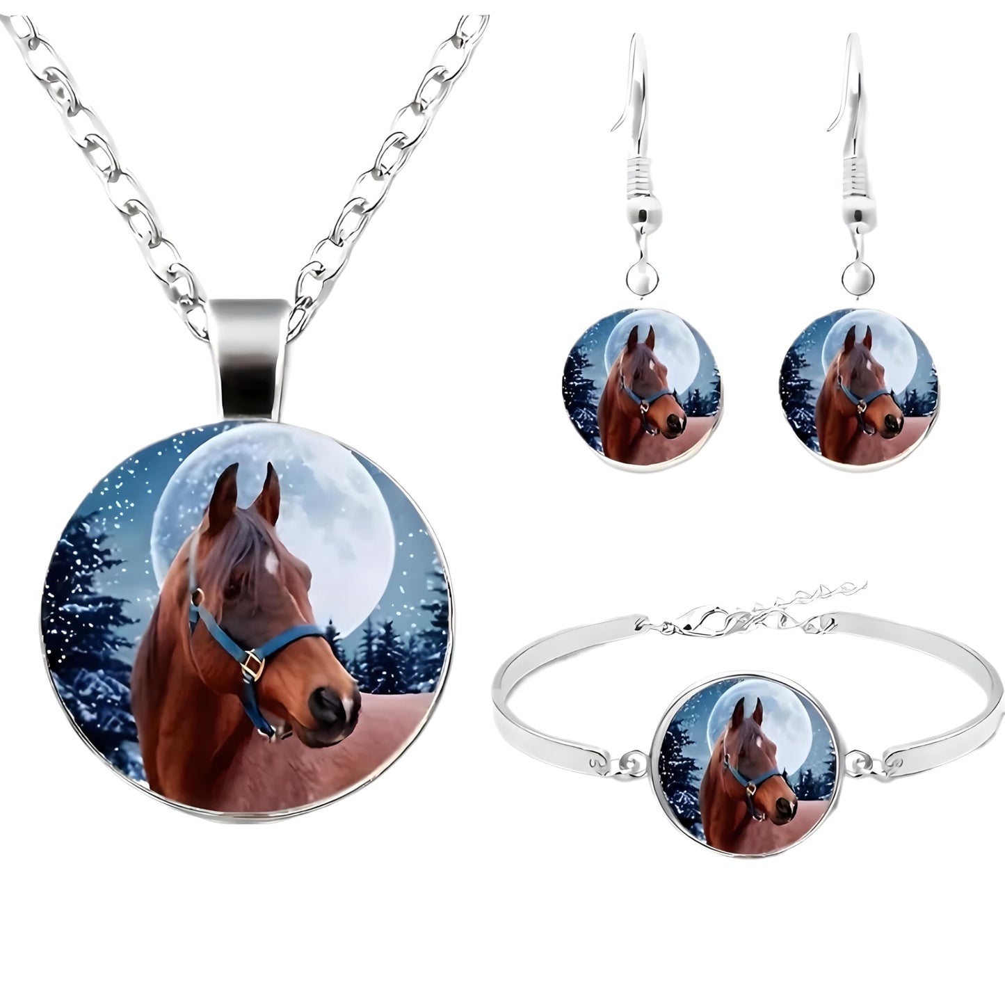 Horse Jewelry Set with Necklace, Bracelet and Earrings, Winter Moon Design, 4 Pieces, Silver