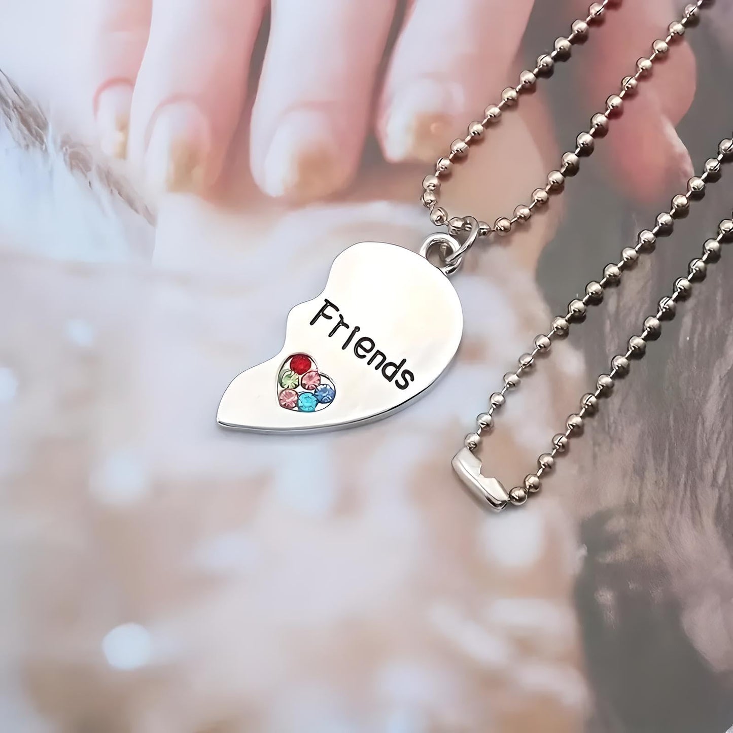 Best Friends Split Heart Pendant Necklace, 2 PC/set, with Rhinestones, 19.7 inch Silver Ball Chain