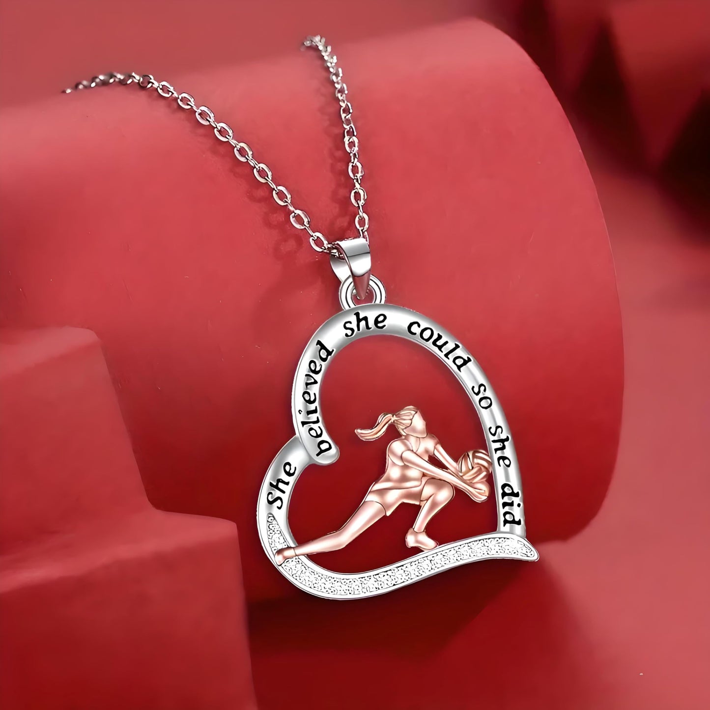 Sports Heart Necklace, 9 Different Sport Options: Basketball, Jumping Cheerleader, Gymnast, Softball, Volleyball, Ballet Ballerina, Runner, Sports Accessories Birthday Gift- Simulated Rainbow Diamonds, Christmas, Birthday or Party Gift