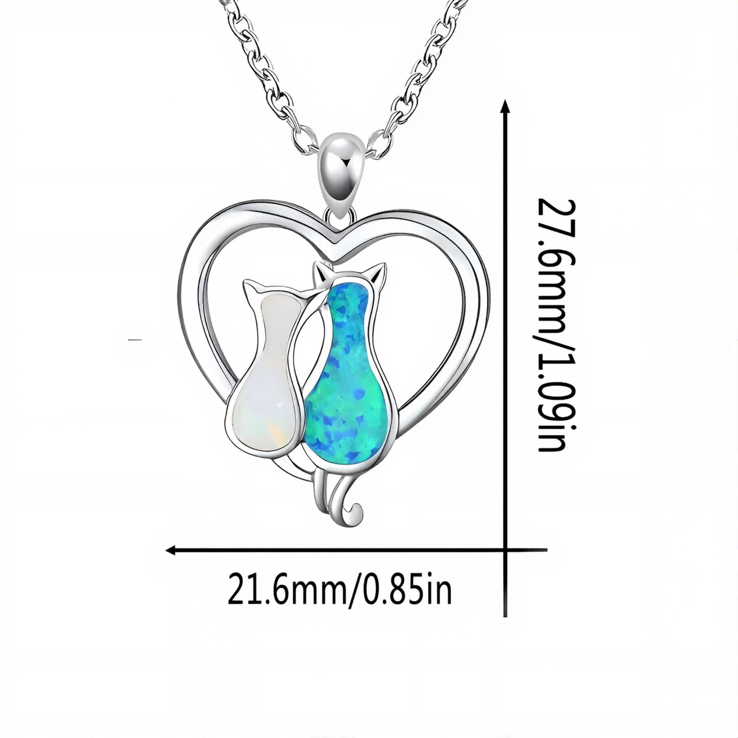 Cute Silver and Blue Turquoise Cat Heart Necklace - Stainless Steel Cat Design, Multi-Color Crystal (2 Cats)